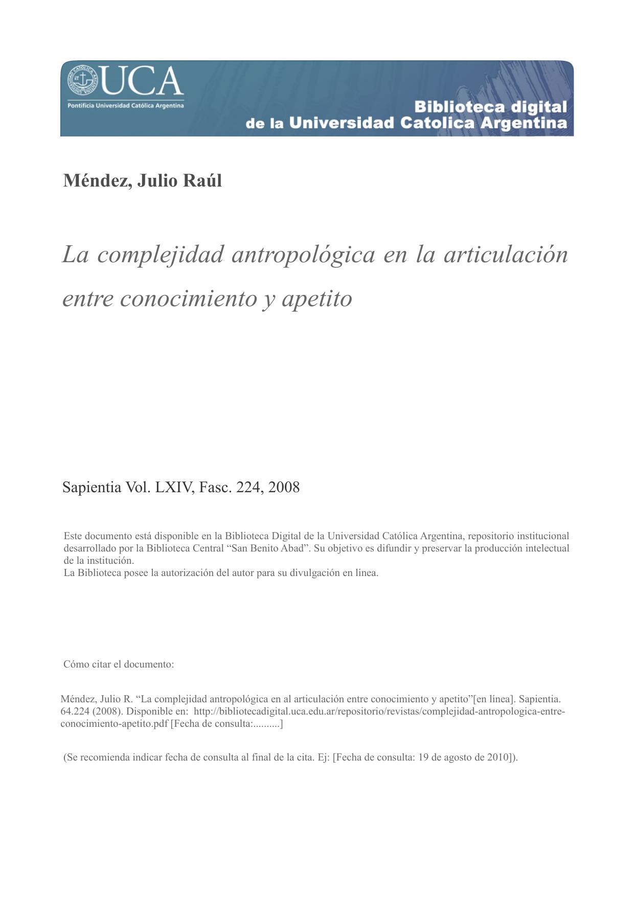 La complejidad antropologica en la articulacion entre conocimiento y apetito